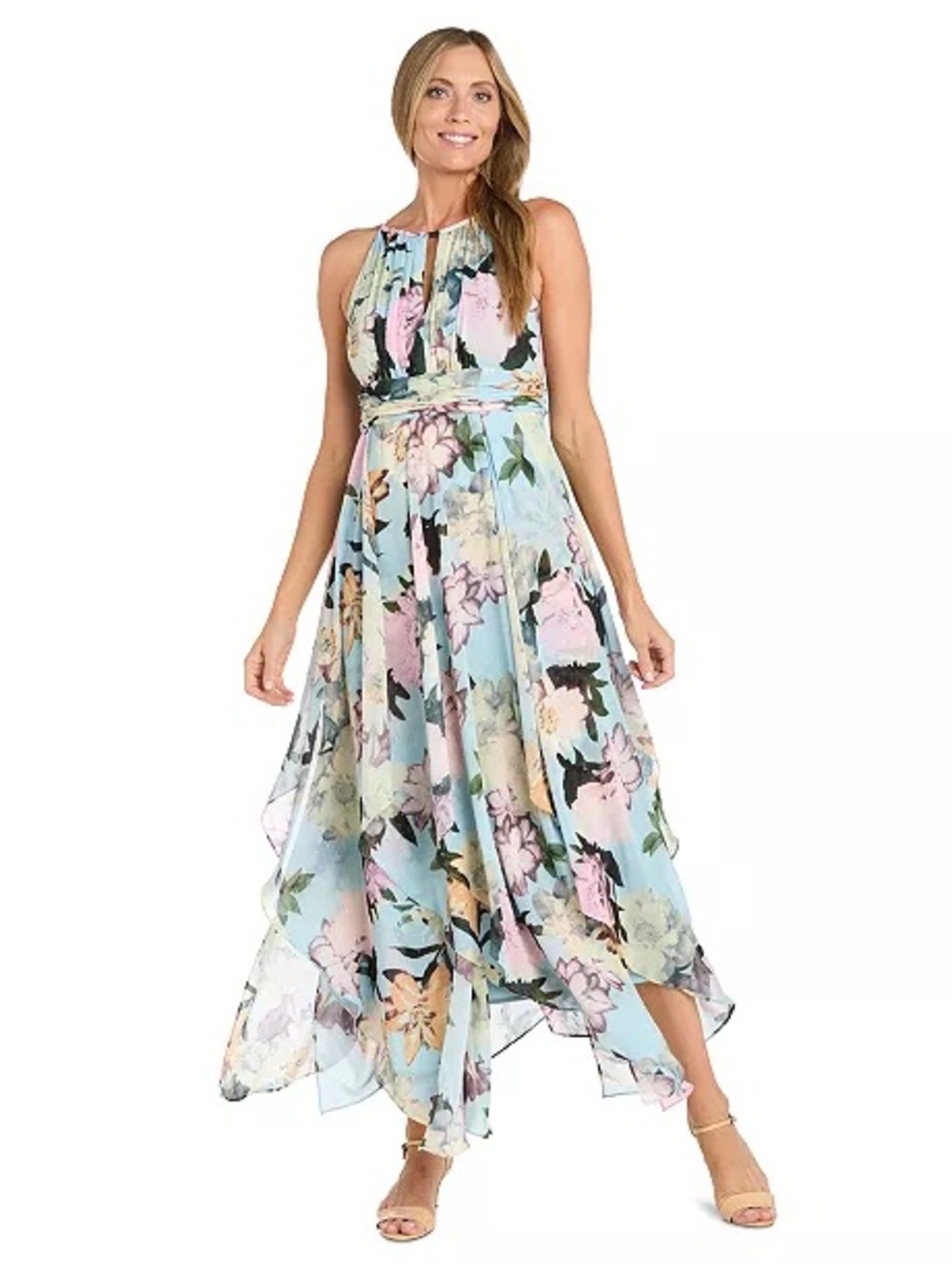 R & M Richards Light Blue Floral Handkerchief-Hem Maxi Dress